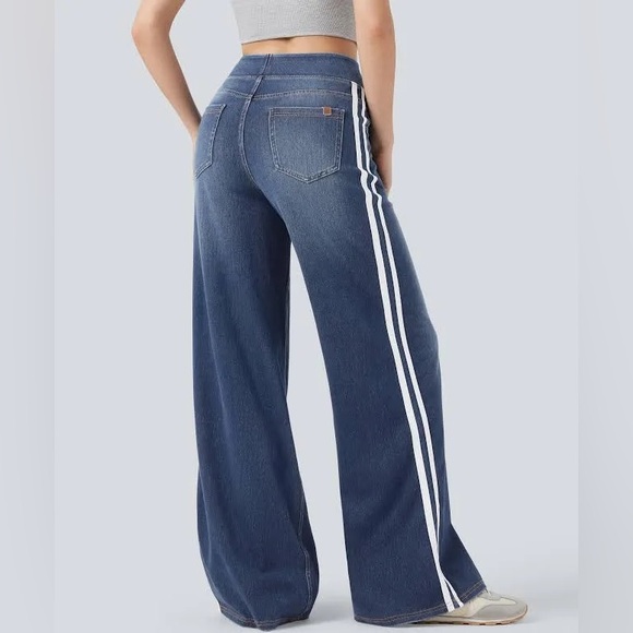 Halara Flex High Waisted Striped Wide Leg Track Jeans with Pockets Pageant Blue - Picture 2 of 11